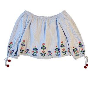 Forever 21 Off-the-Shoulder Embroidered Top | Blue & White Stripe | Size M